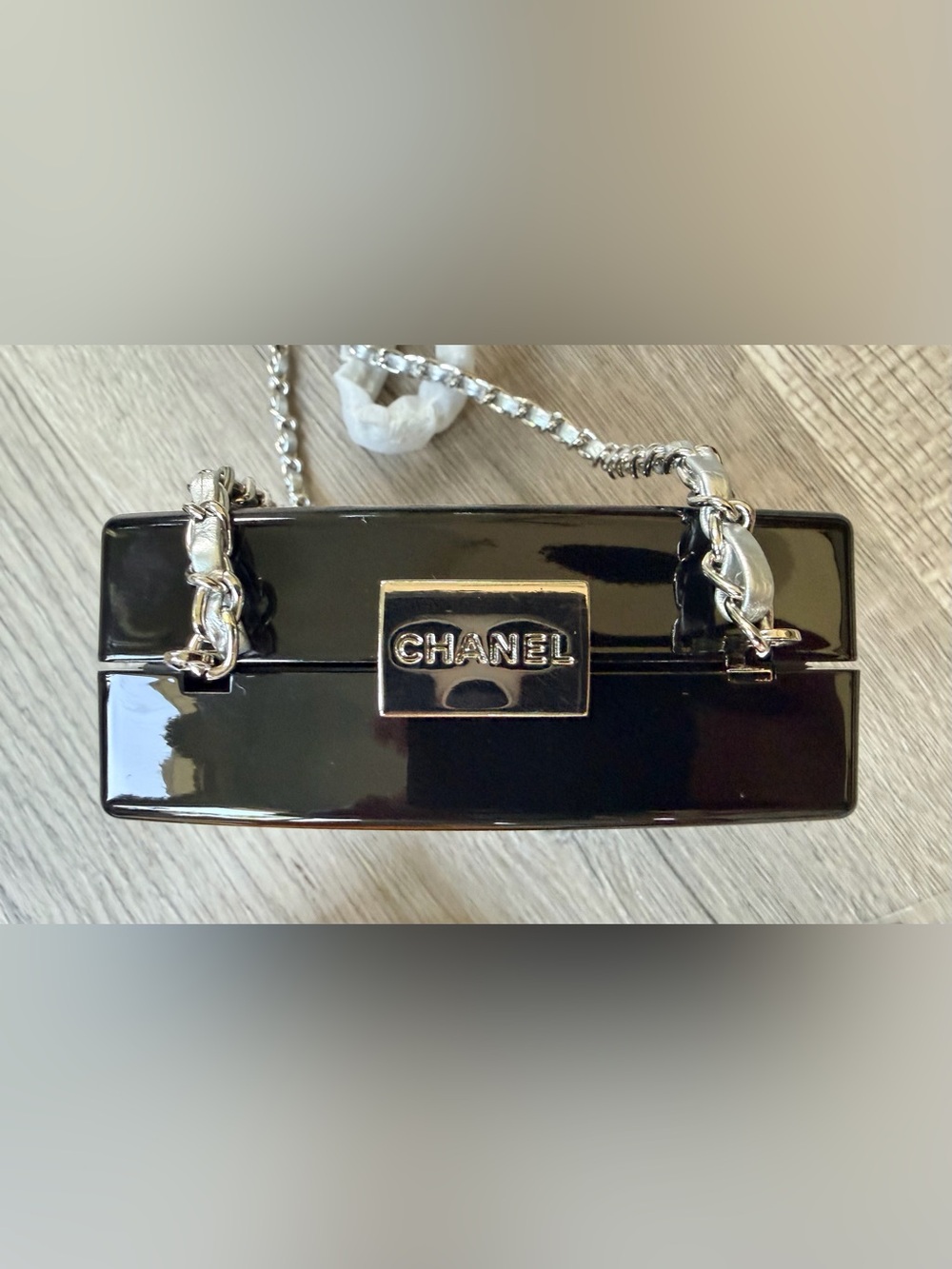 Fashion Chanel Black Crystal ‘CC’ Clutch w Silver Tone Leather Link Chain NEW - Picture 6 of 16